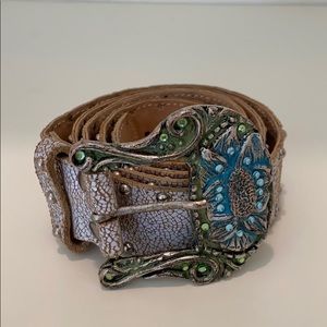 Studded leather belt with bejeweled buckle